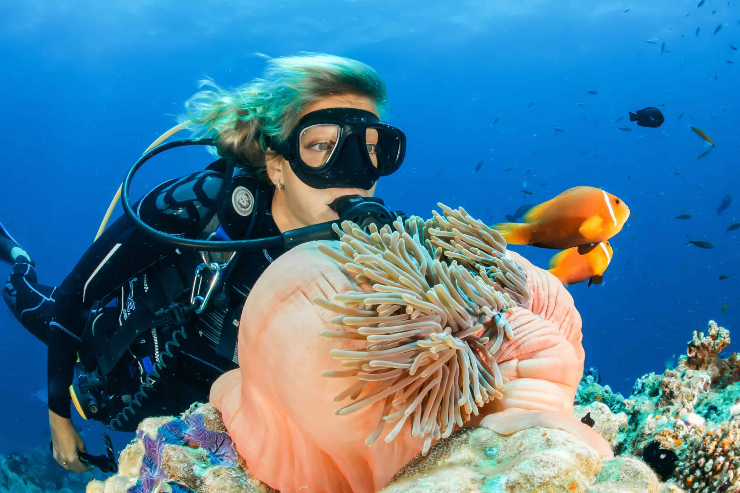 Girl snorkeling underwater with fishes and coral reefs