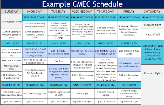 example schedule of summer camp in Cayman Islands